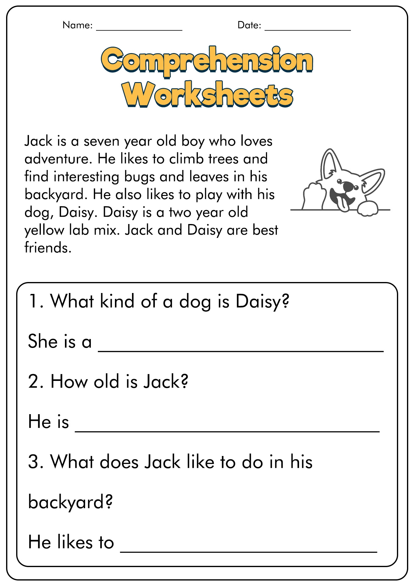 Reading Comprehension Worksheets First Grade Level
