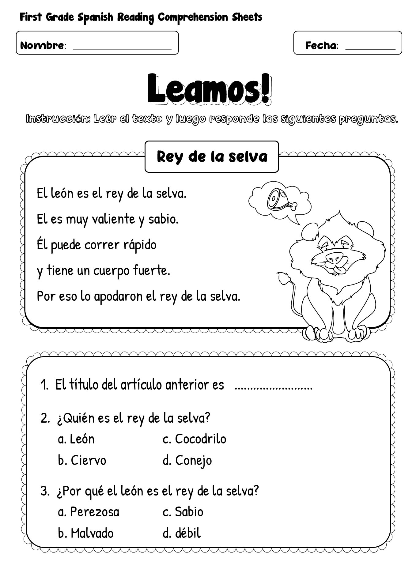 Reading Comprehension Worksheets For Spanish