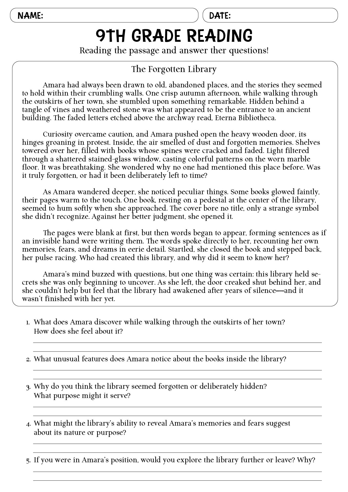 Reading Comprehension Worksheets 9th Grade Pdf