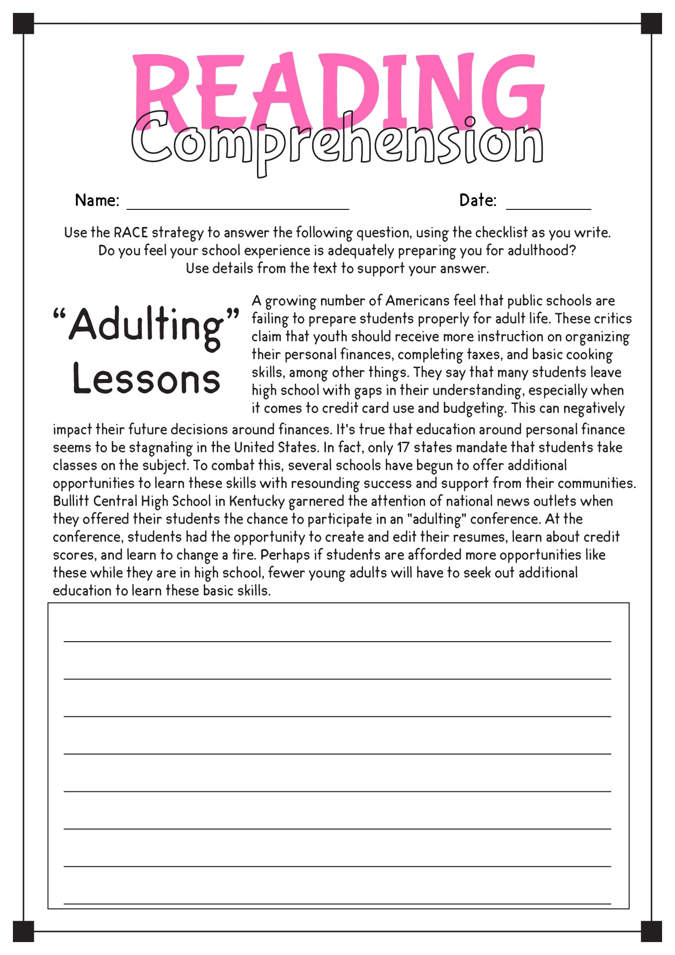 Tenth Grade Reading Comprehension Worksheets