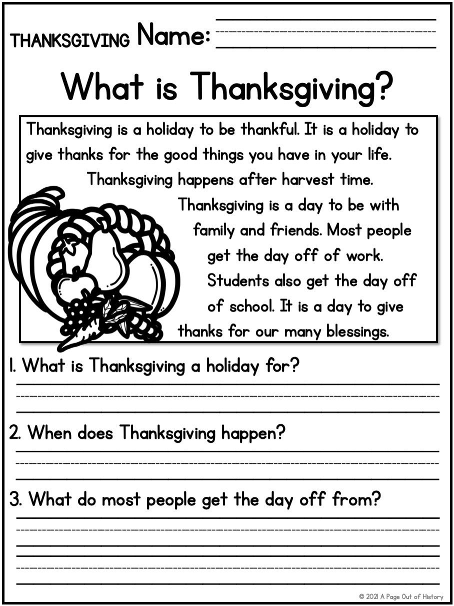 1st 2nd Grade Reading Comprehension Thanksgiving Passages U0026 Questions Classroom Homeschool No Prep Printable Standards aligned Etsy