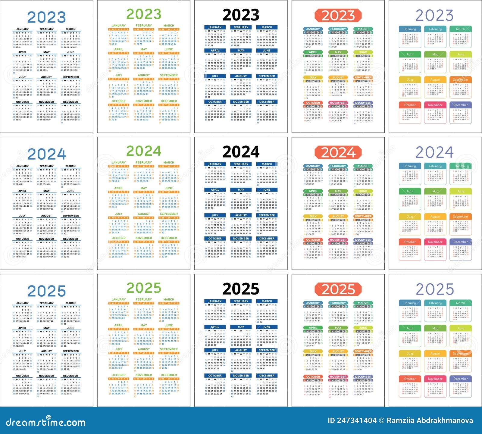 2023 2024 And 2025 Calendar Set Color Vector Pocket Calender Design Week Starts On Sunday Stock Illustration Illustration Of Planner 2023 247341404