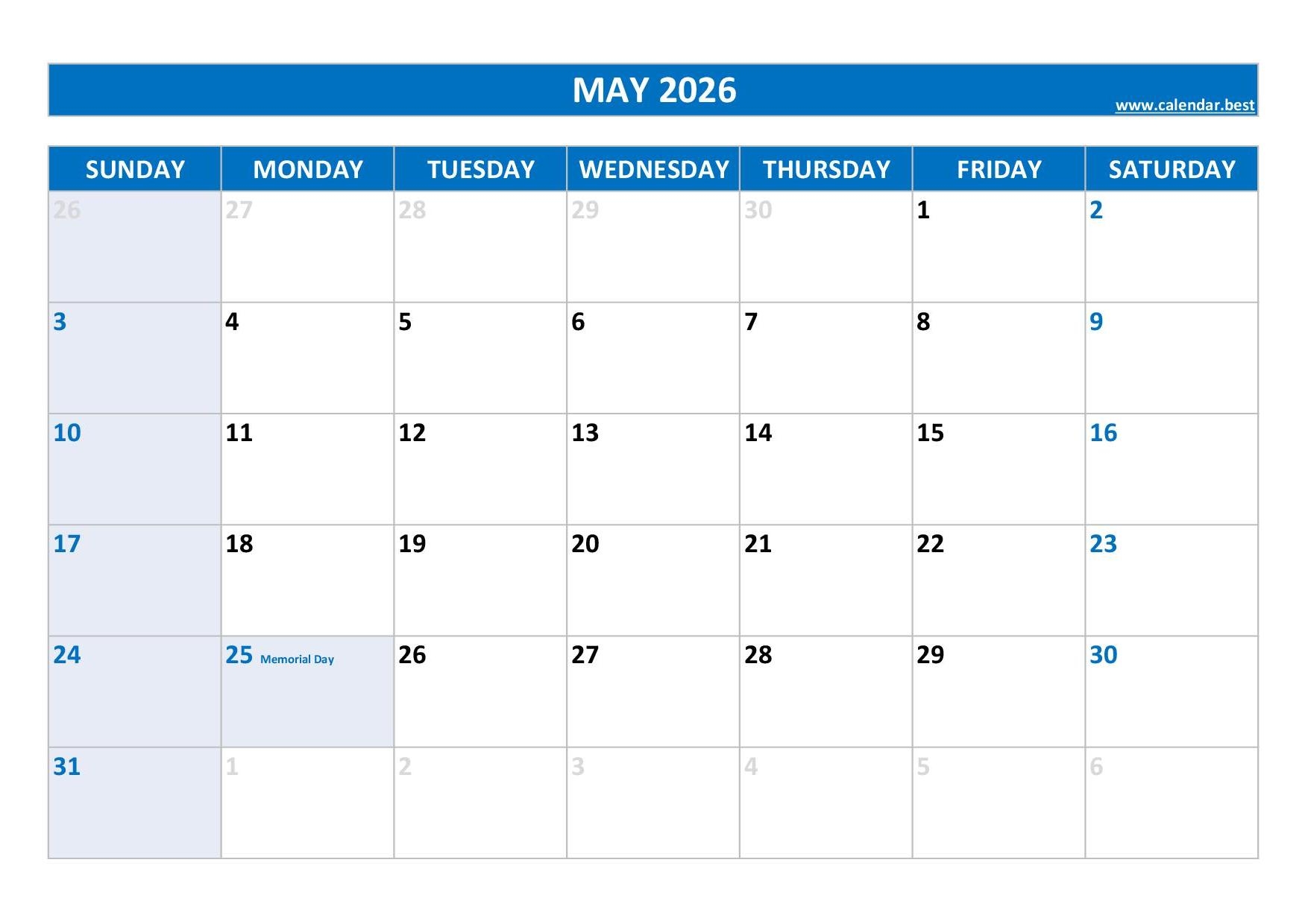 May 2026 Printable Calendar With Holidays