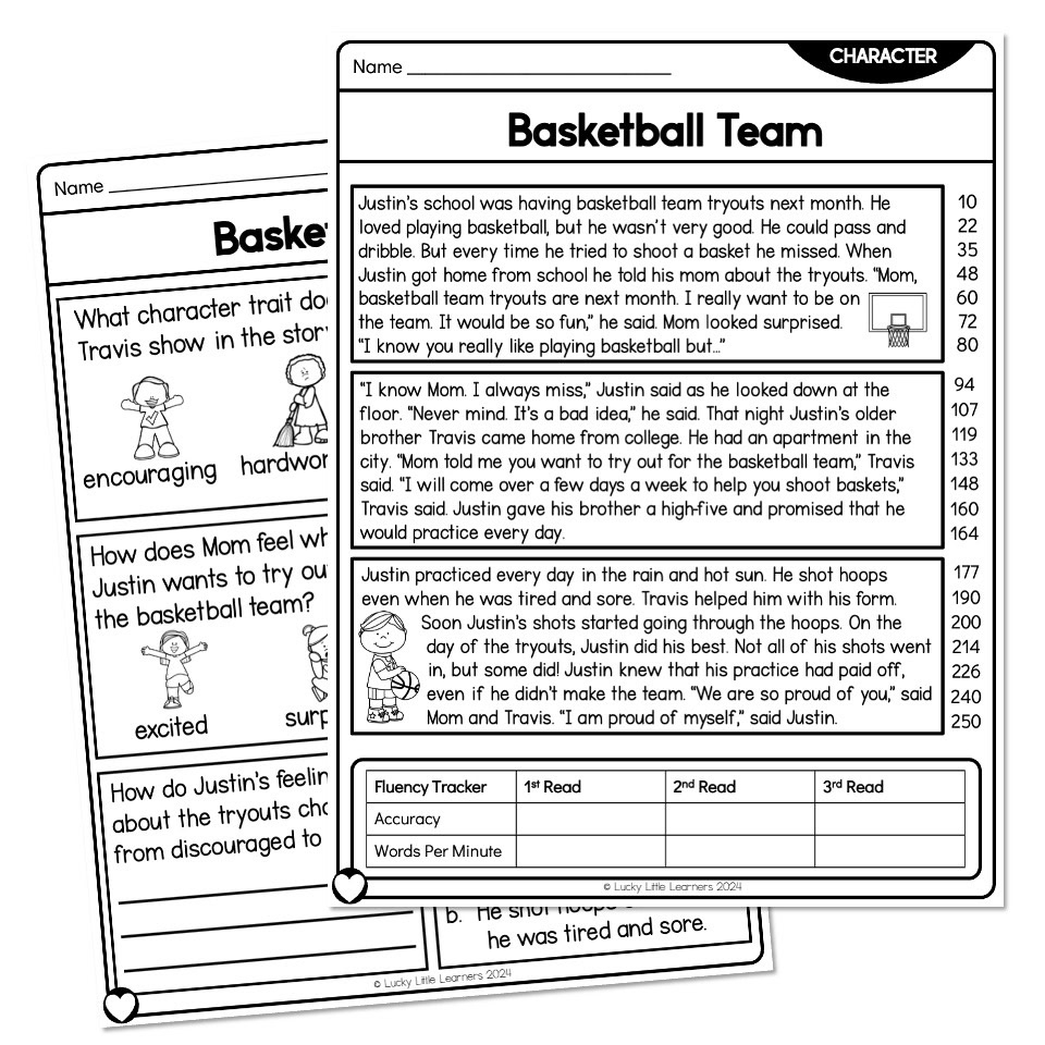 2nd Grade Character Reading Passage Basketball Team At Lucky Little Learners