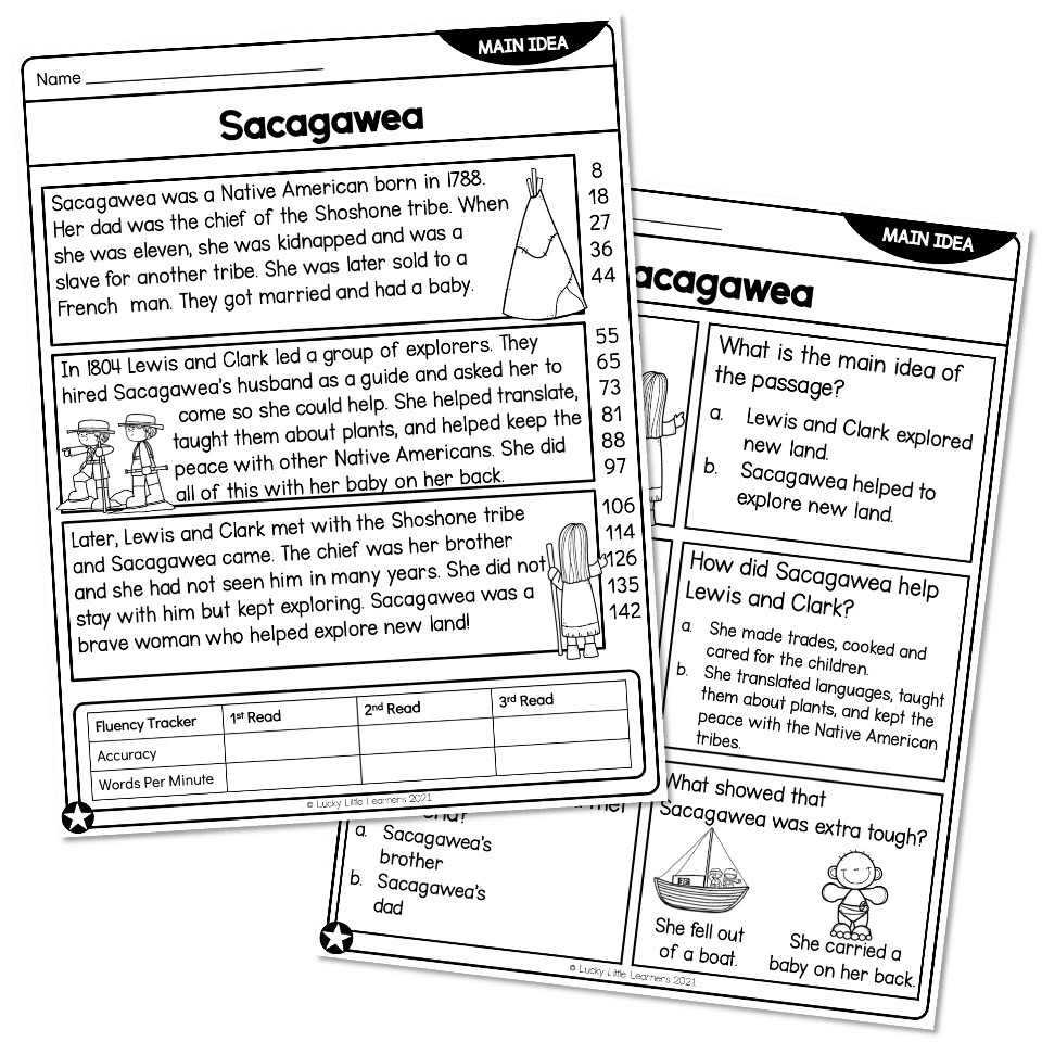 2nd Grade Main Idea Reading Passage Sacagawea Below Lucky Little Learners
