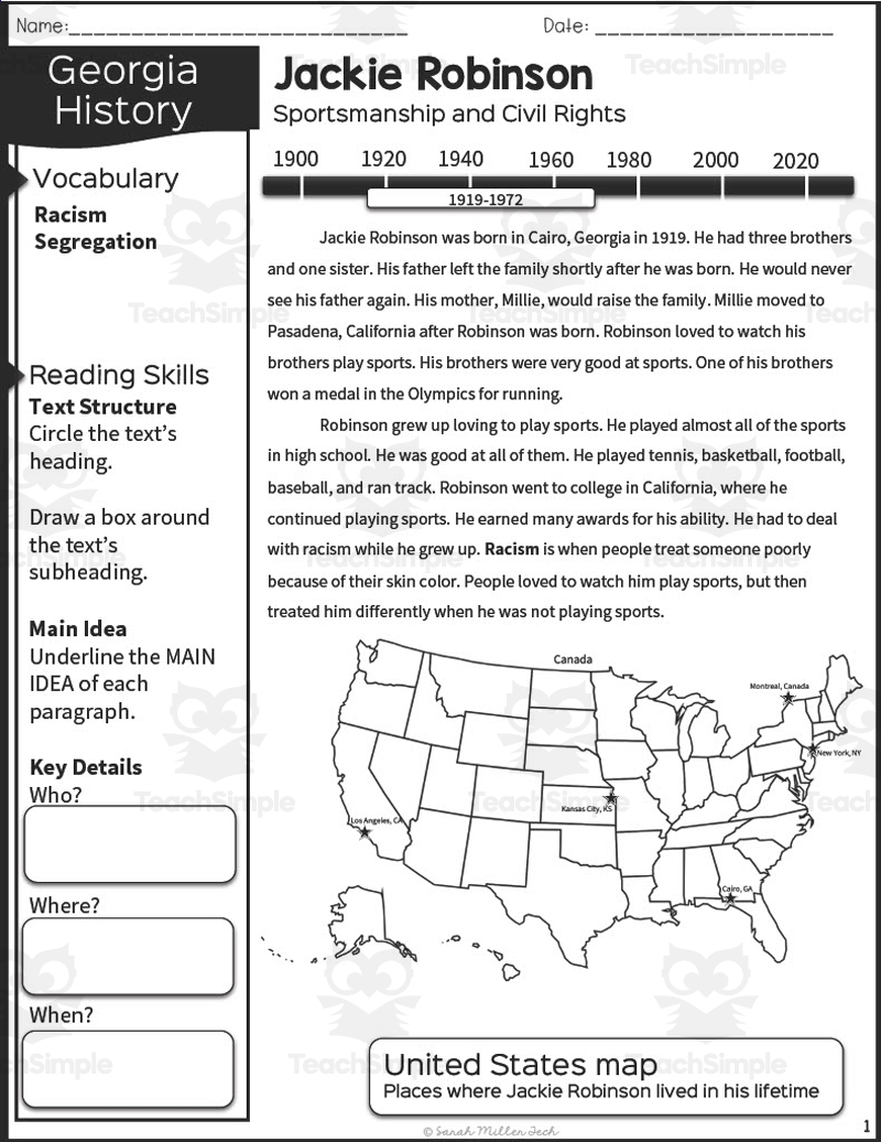2nd Grade Reading Packet Jackie Robinson