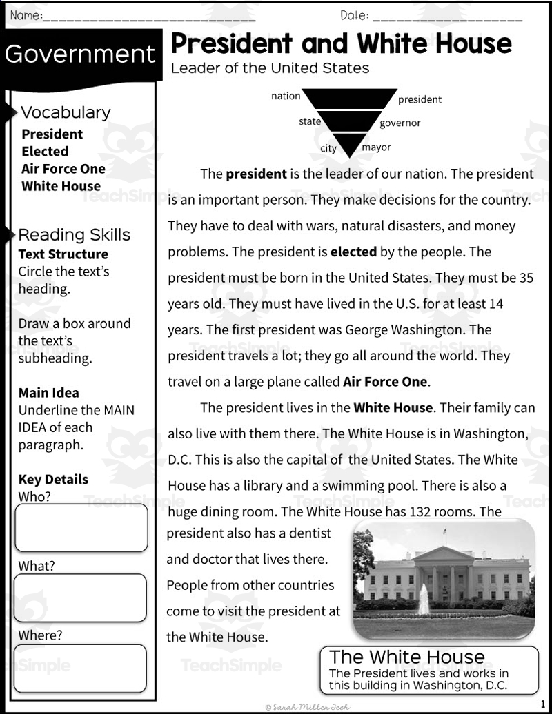 2nd Grade Reading Packet President And White House