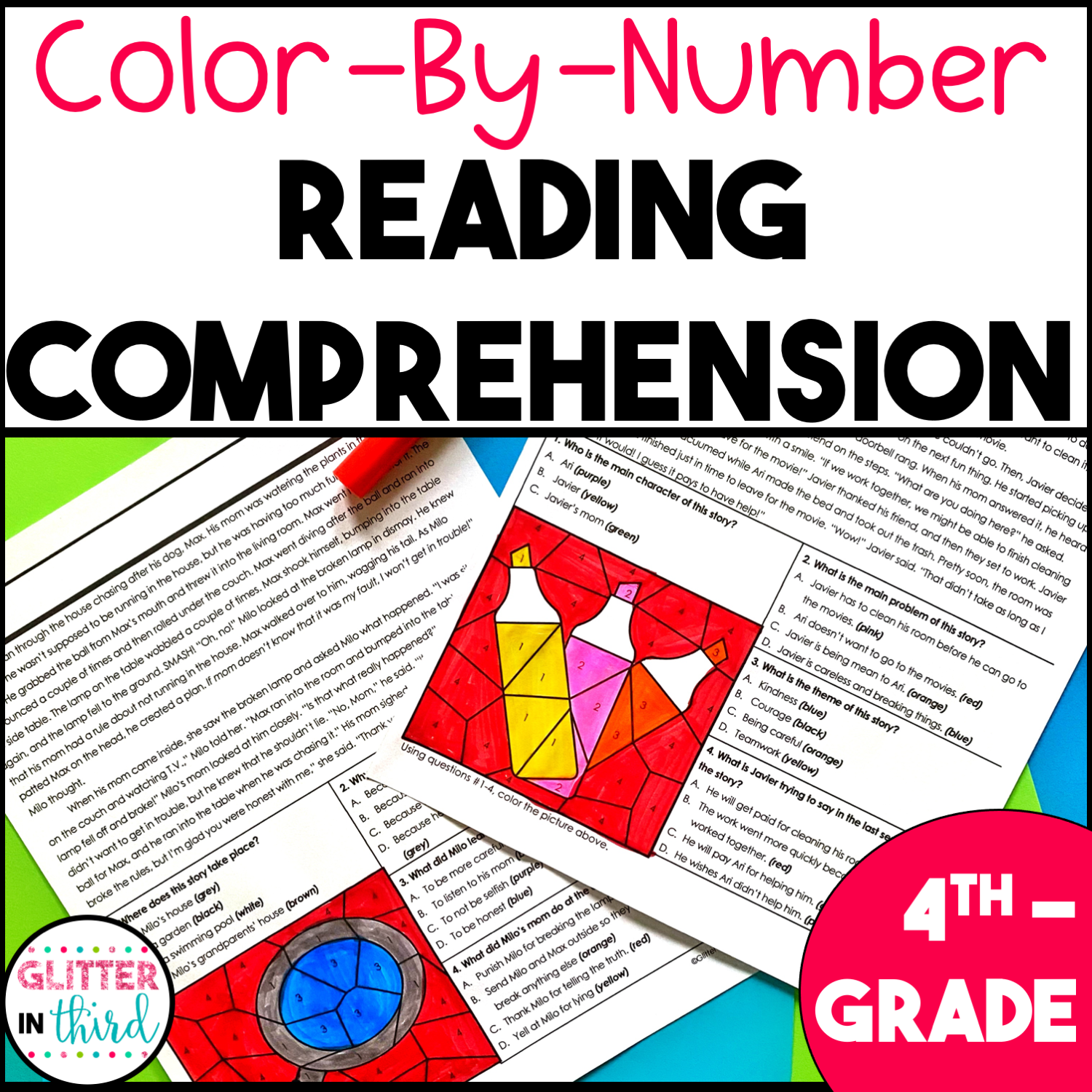 4th Grade Reading Comprehension Passages And Questions Color By Number Worksheets BUNDLE Glitter In Third