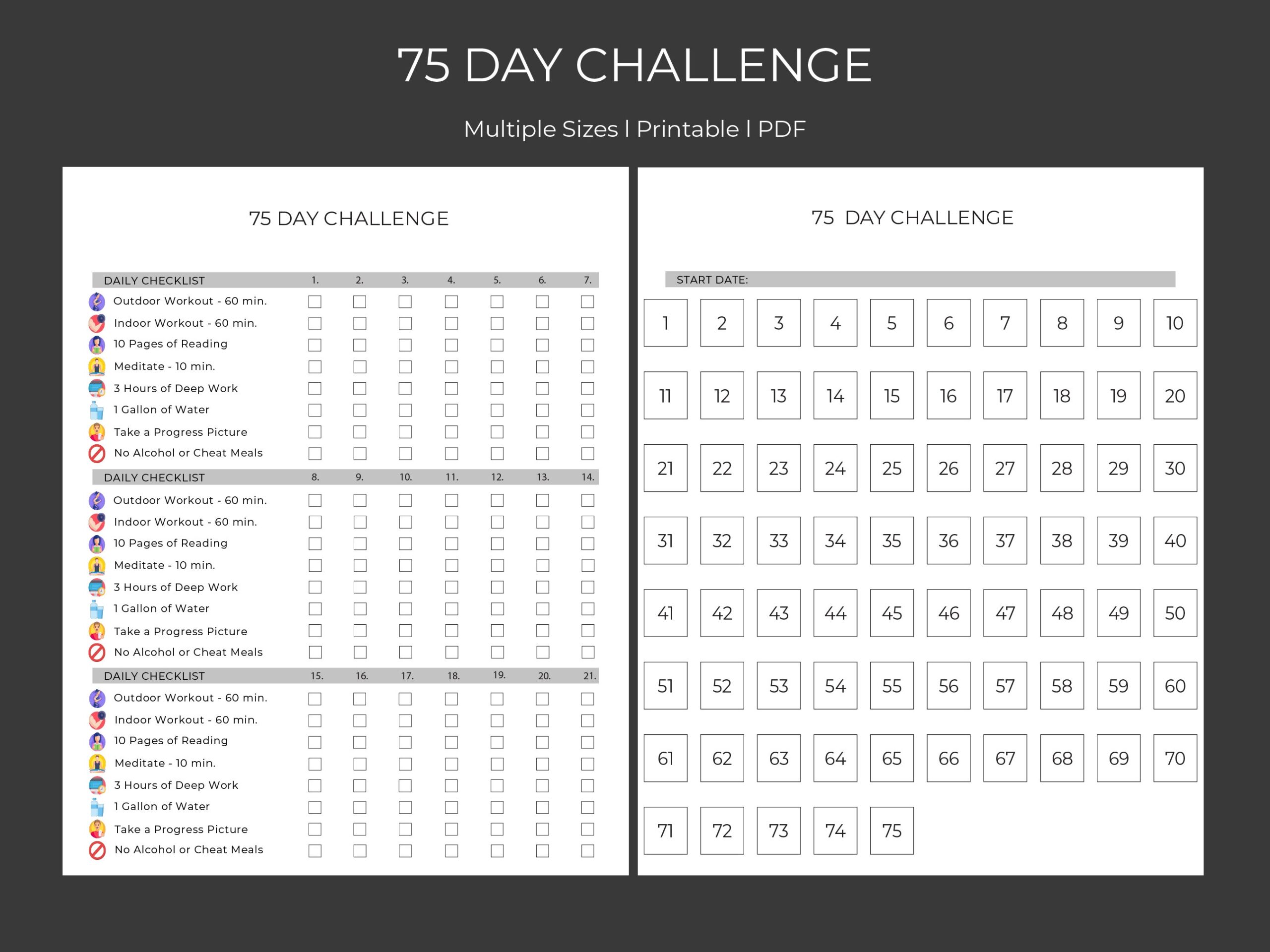 75 Day Challenge Tracker Printable Tracker checklist U0026 Calendar Digital Download Etsy