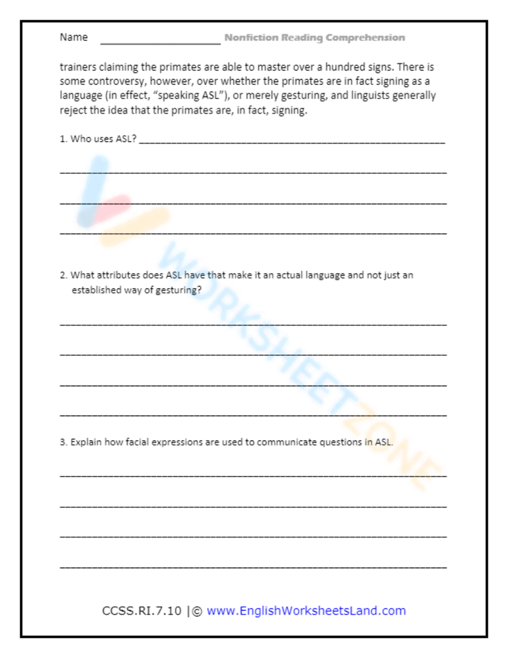 Reading Comprehension Worksheet For 7th Graders
