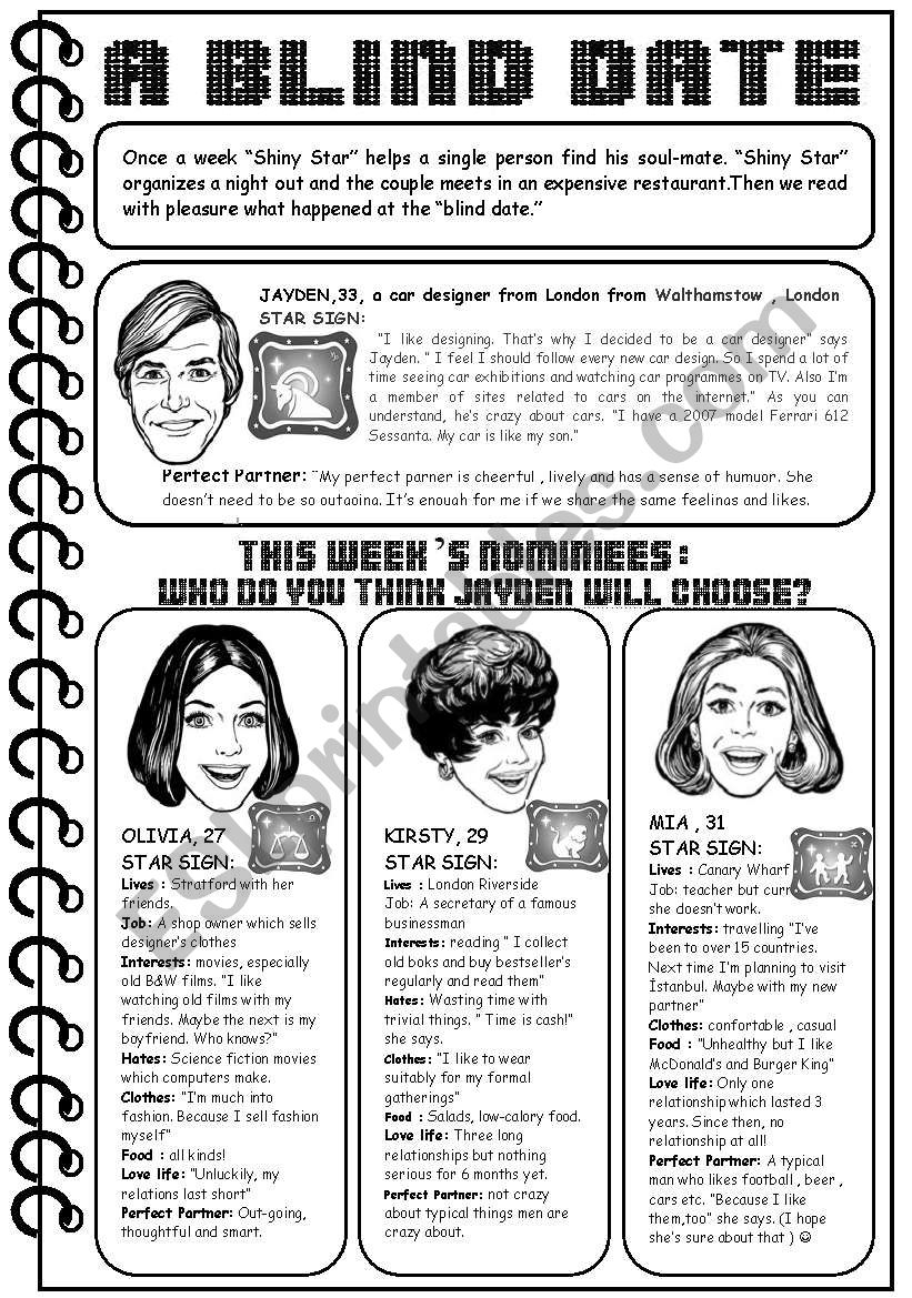 A BLIND DATE And Star Signs reading Passageu0026comprehension ESL 