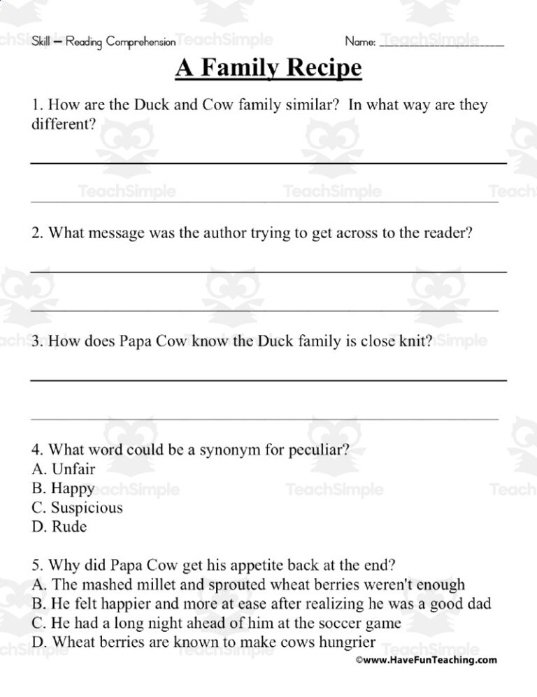 A Family Recipe Reading Comprehension Worksheet