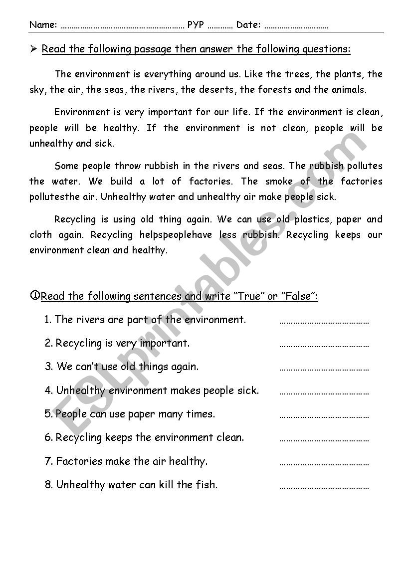 A Reading Comprehension Passage About The Environment And The Pollution ESL Worksheet By Mohamed Hamed