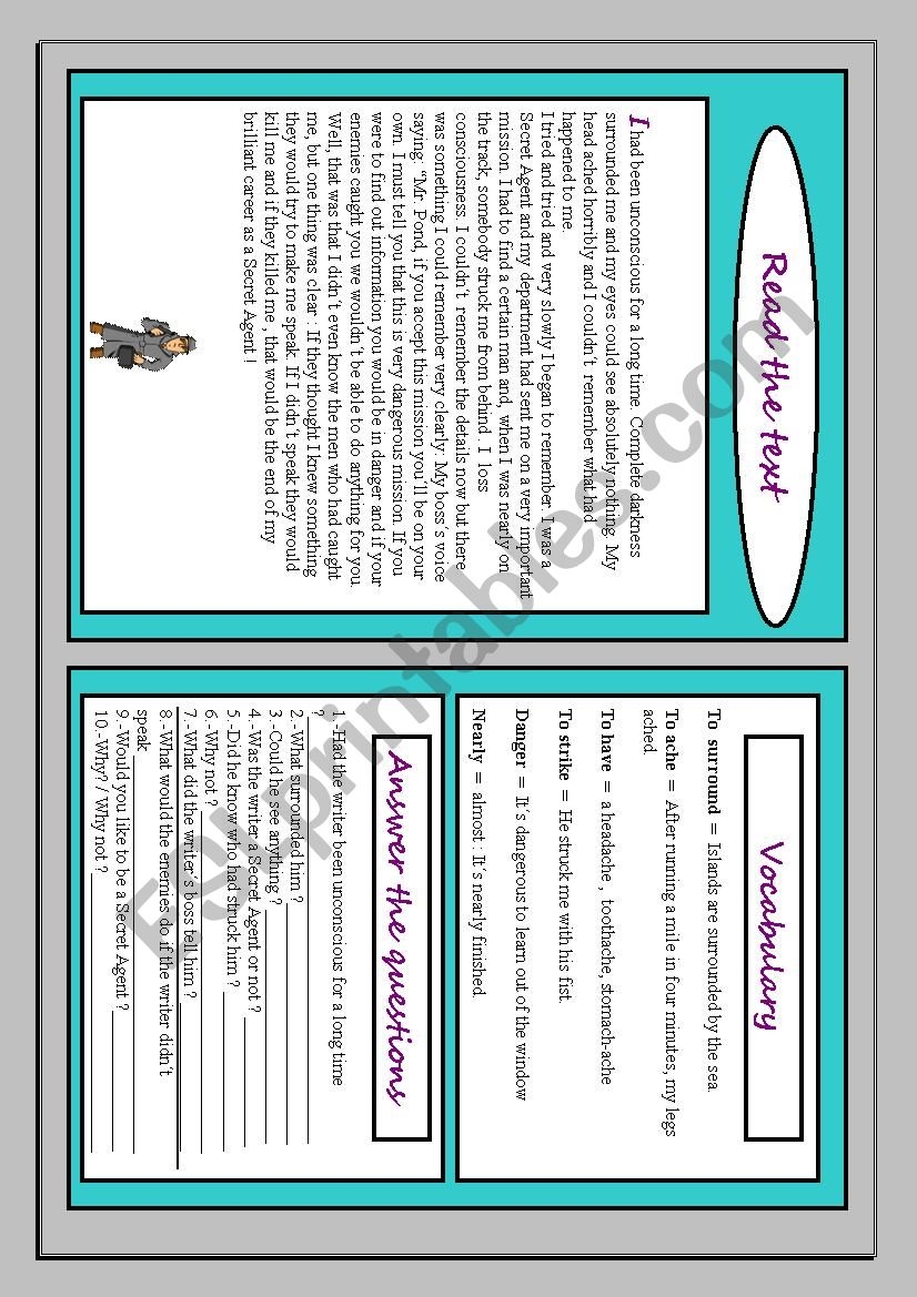 A SECRET AGENT READING ESL Worksheet By Bluedoll
