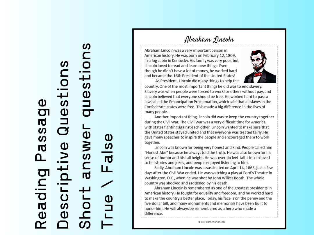 Abraham Lincoln Biography Reading Comprehension Passage Printable 