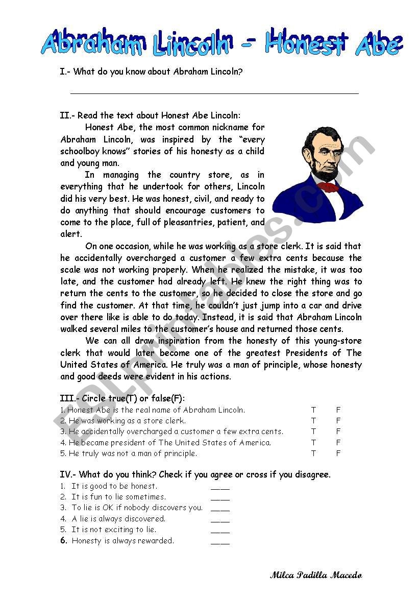 Reading Comprehension Worksheets Abraham Lincoln