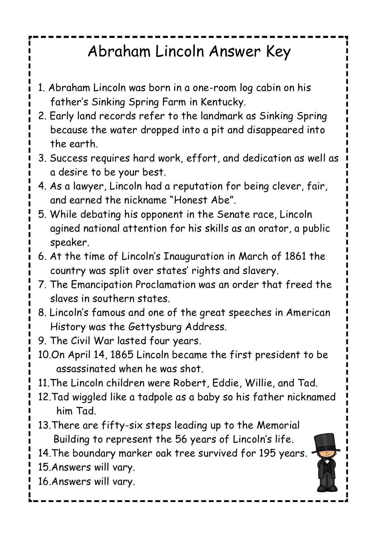 Abraham Lincoln Mini Book Reading Comprehension