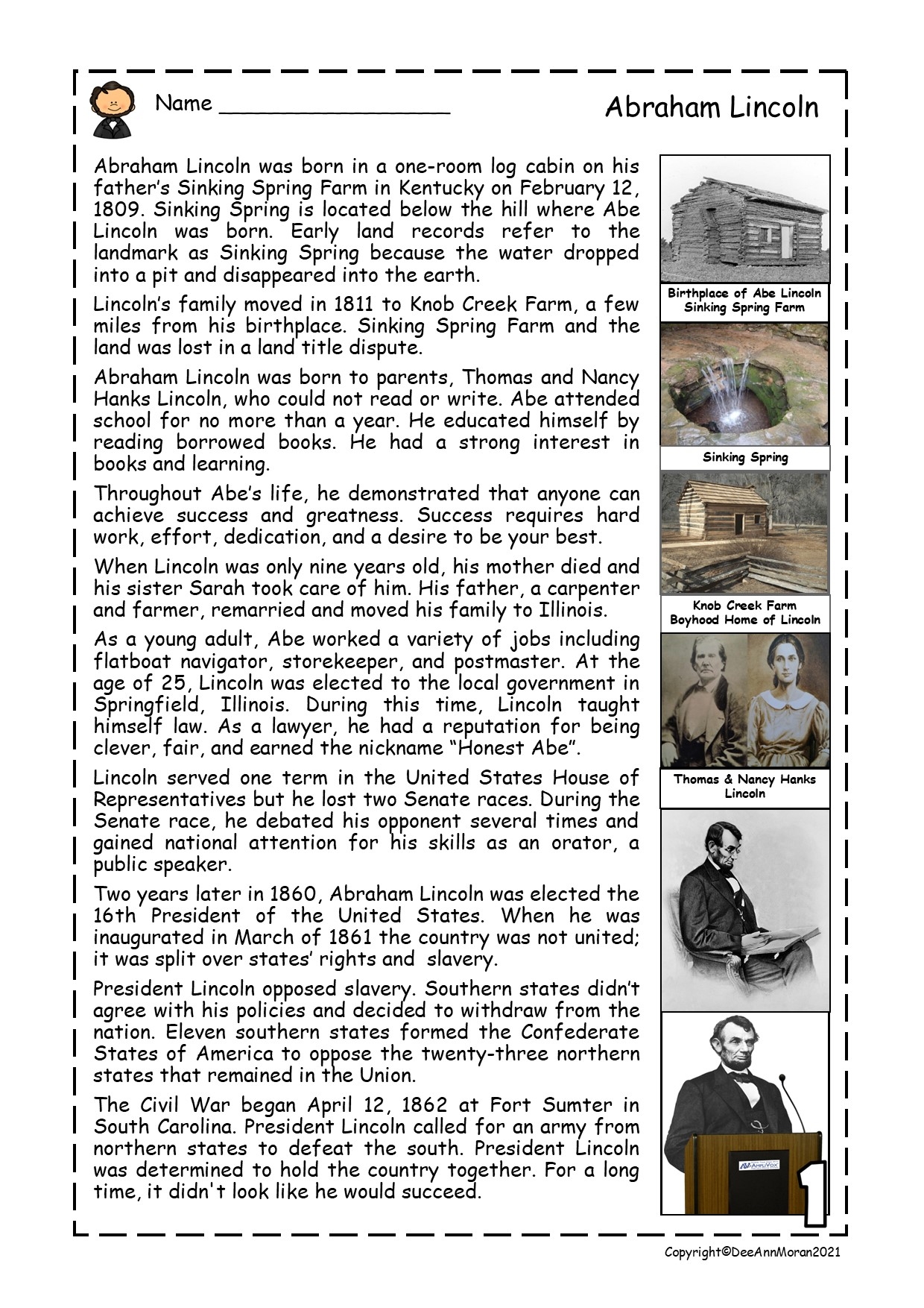 Abraham Lincoln Reading Comprehension Passage Made By Teachers