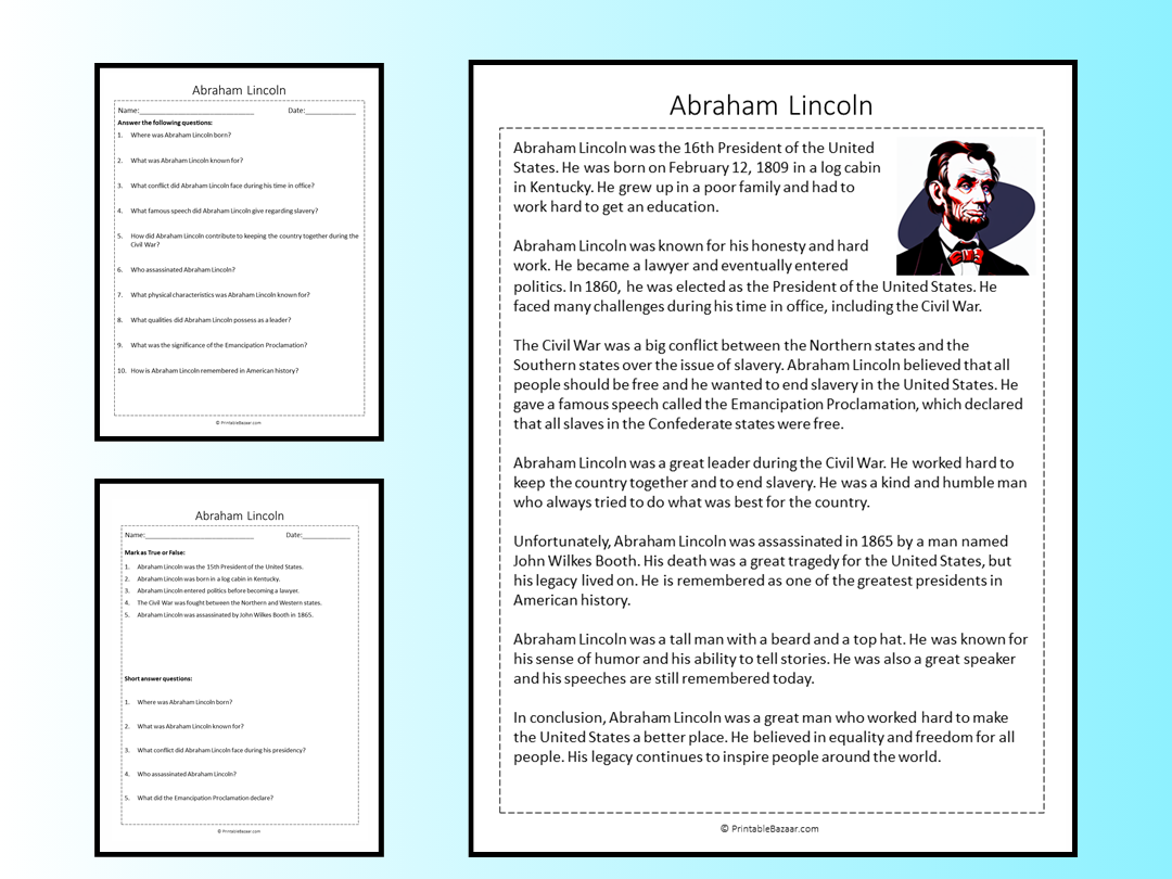 Abraham Lincoln Reading Comprehension Passage Printable Worksheet 