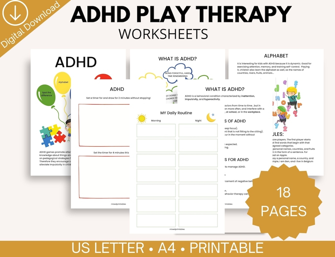ADHD Play Therapy Worksheets Printable Activities For Kids Focus U0026 Coping Skills Digital Download Etsy