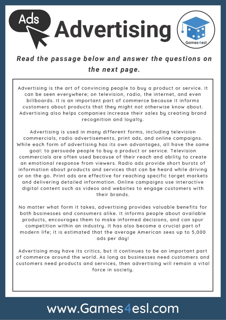 Advertising Reading Comprehension Worksheet Games4esl