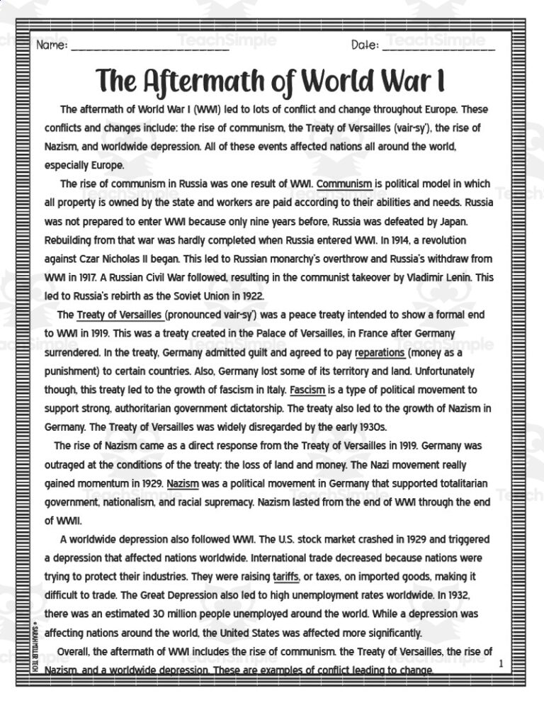 Aftermath Of World War I Reading Packet