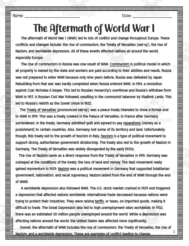 Aftermath Of World War I Reading Packet