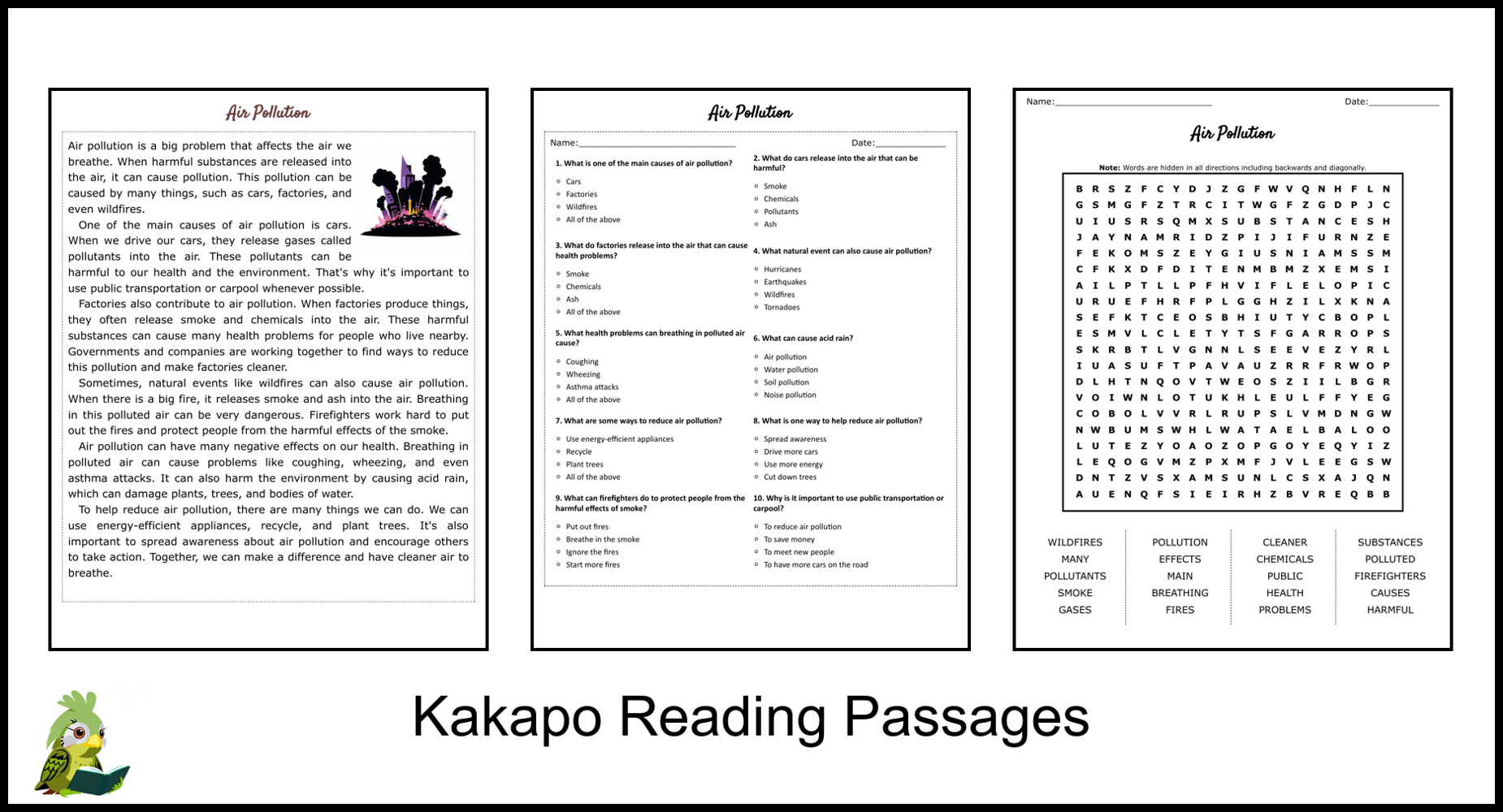 Air Pollution Reading Comprehension And Word Search Teaching Resources