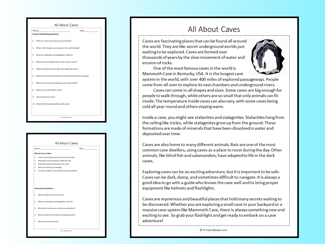 All About Caves Reading Comprehension Passage Printable Worksheet Teaching Resources