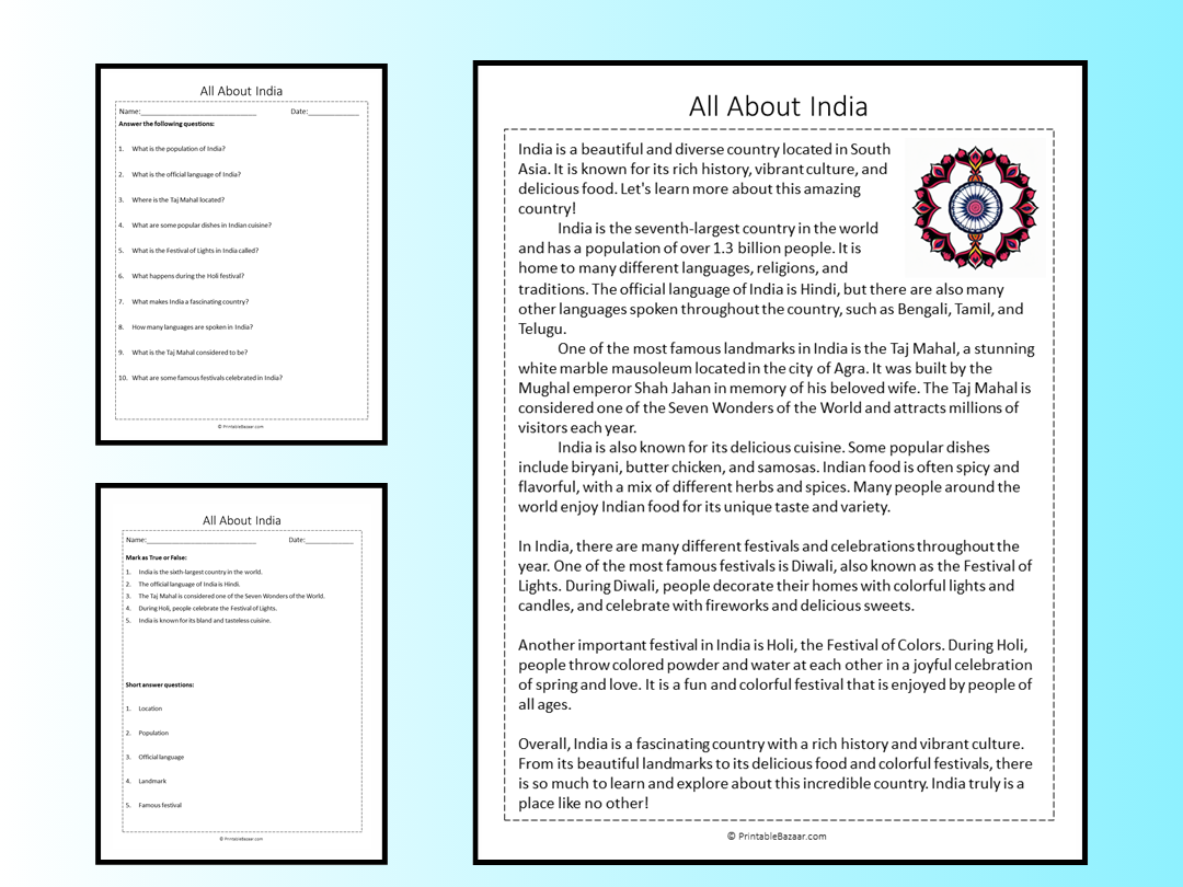 Reading Comprehension Worksheets On India