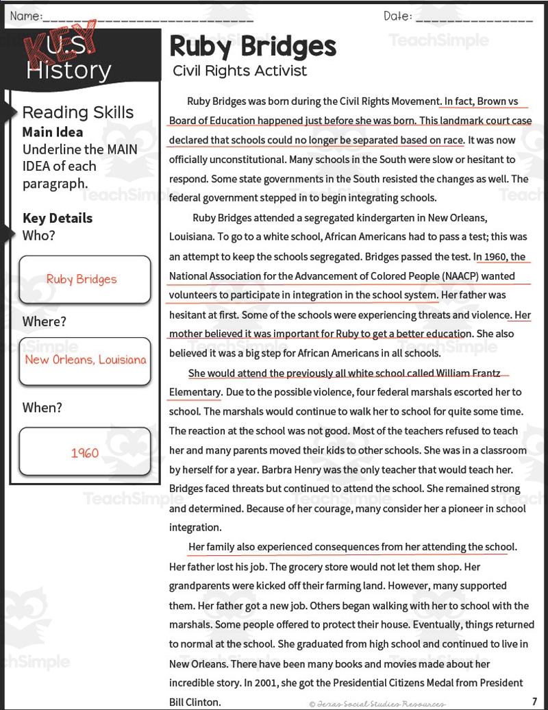American History Ruby Bridges Reading Packet By Teach Simple