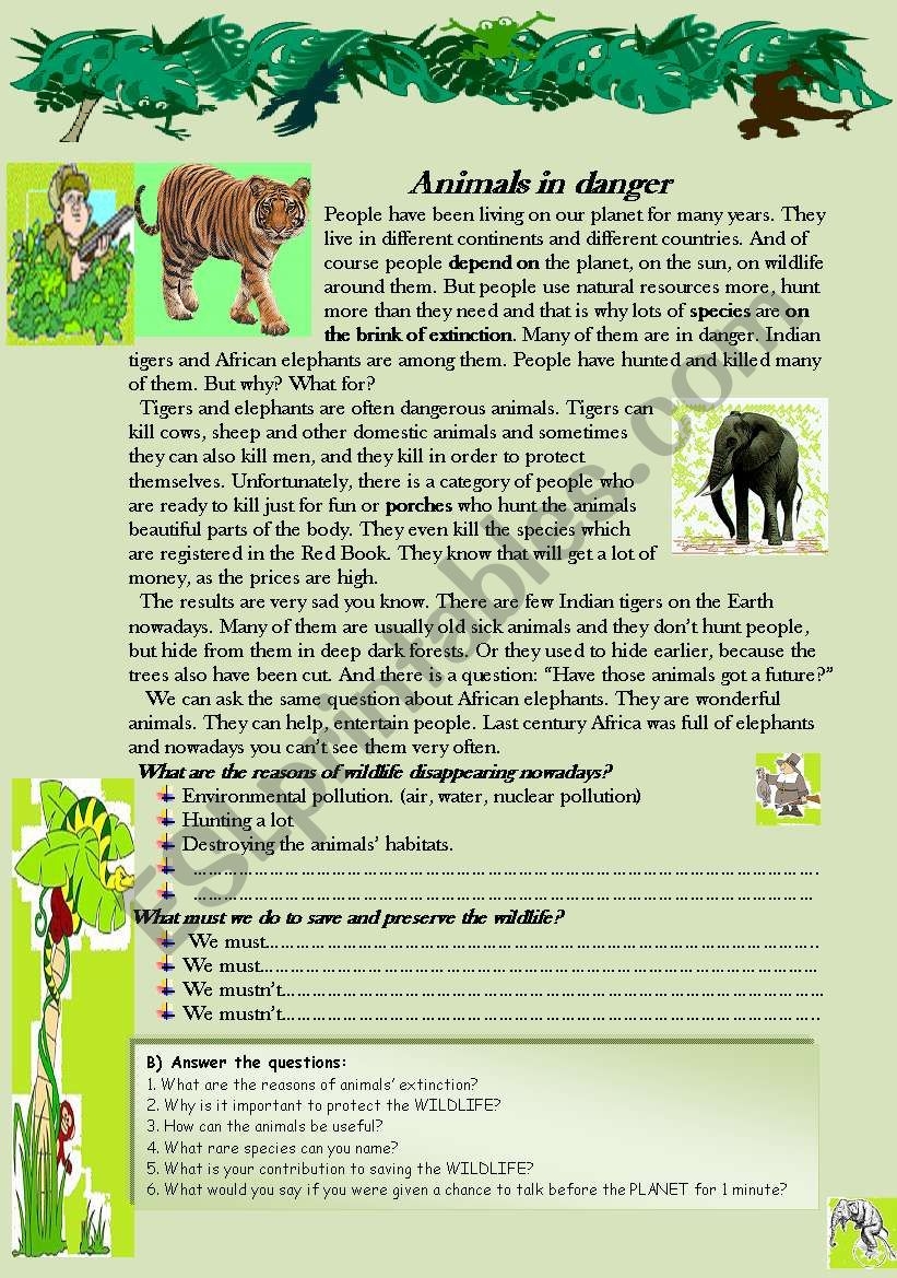 Animals In Danger Reading comprehension Worksheet ESL 