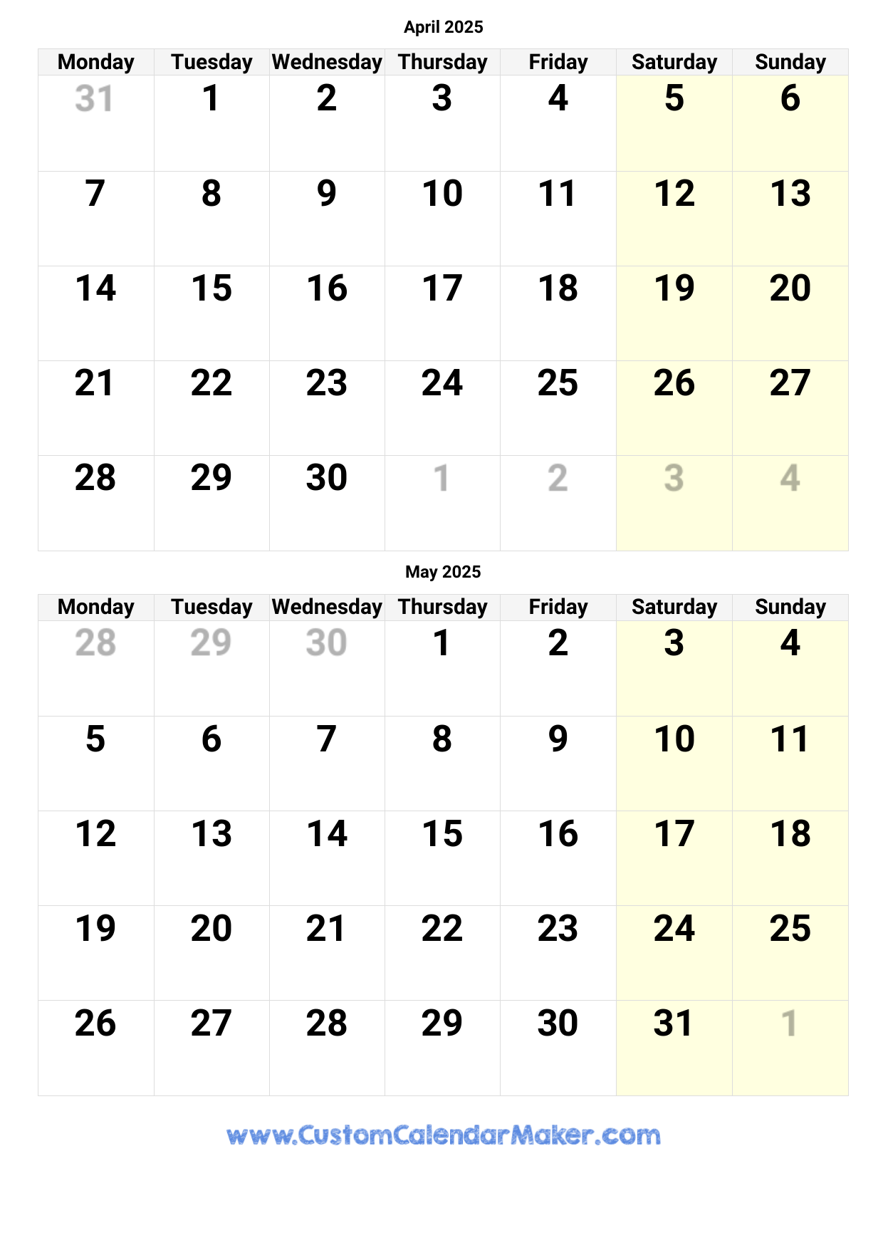 April And May 2025 Calendar Custom Calendar Maker