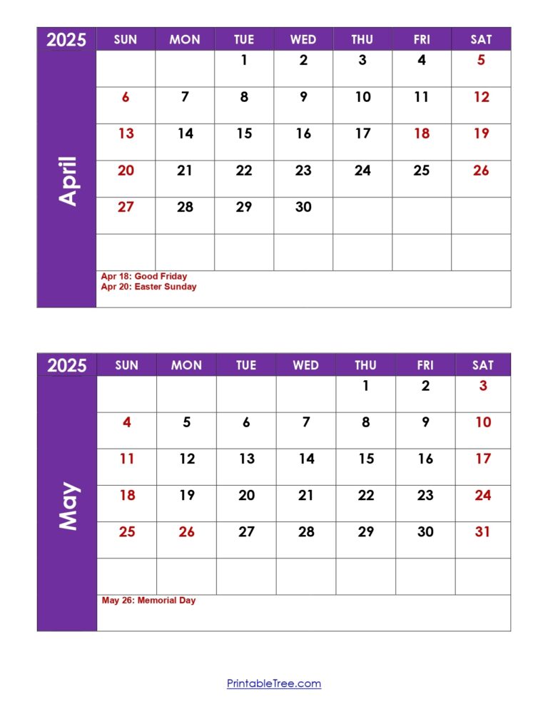 April And May 2025 Calendar Printable Two Months Calendar