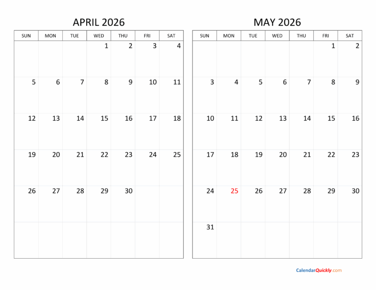 April And May 2026 Calendar Calendar Quickly