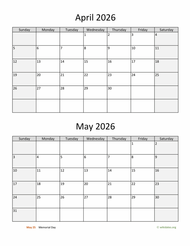 April And May 2026 Calendar WikiDates
