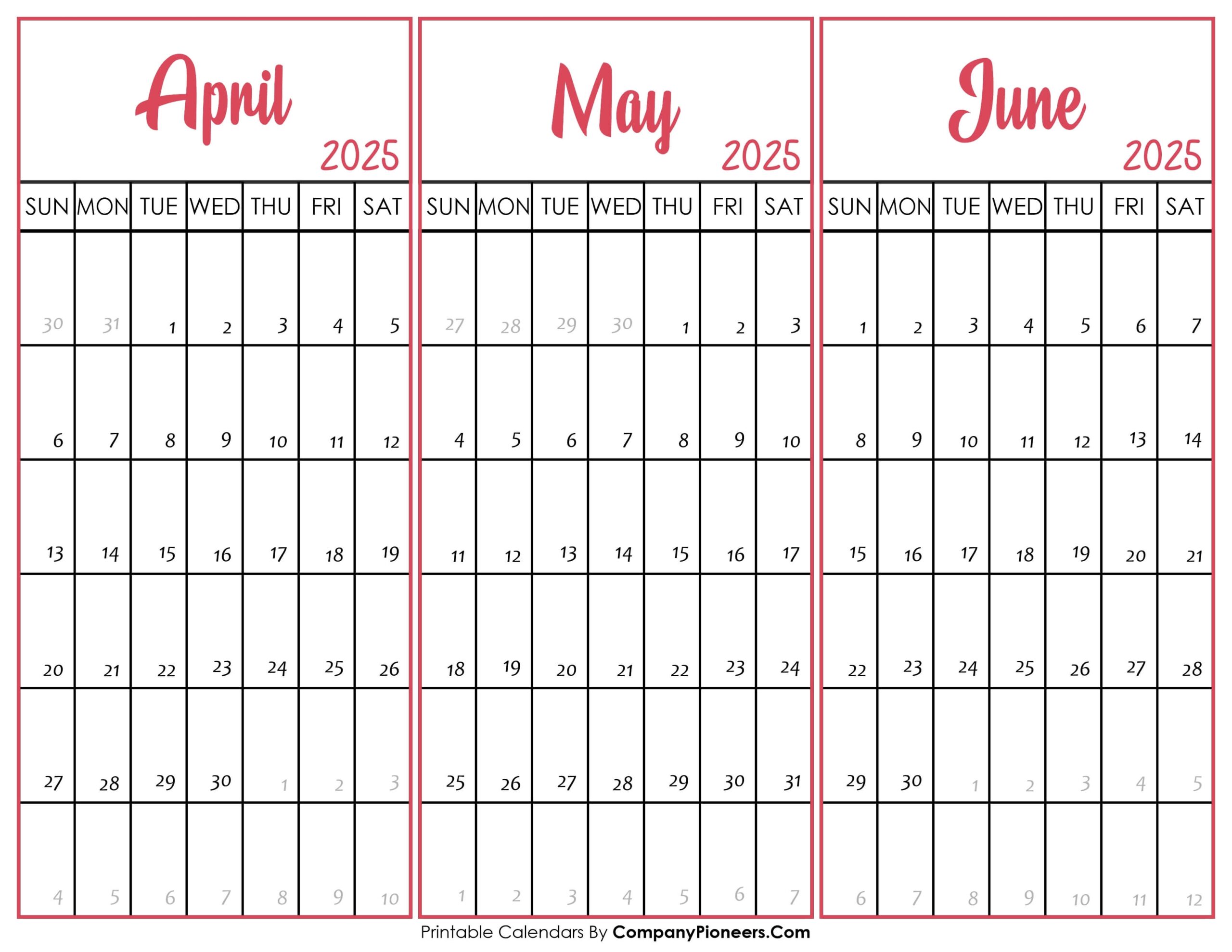 Calendar April May June July 2025