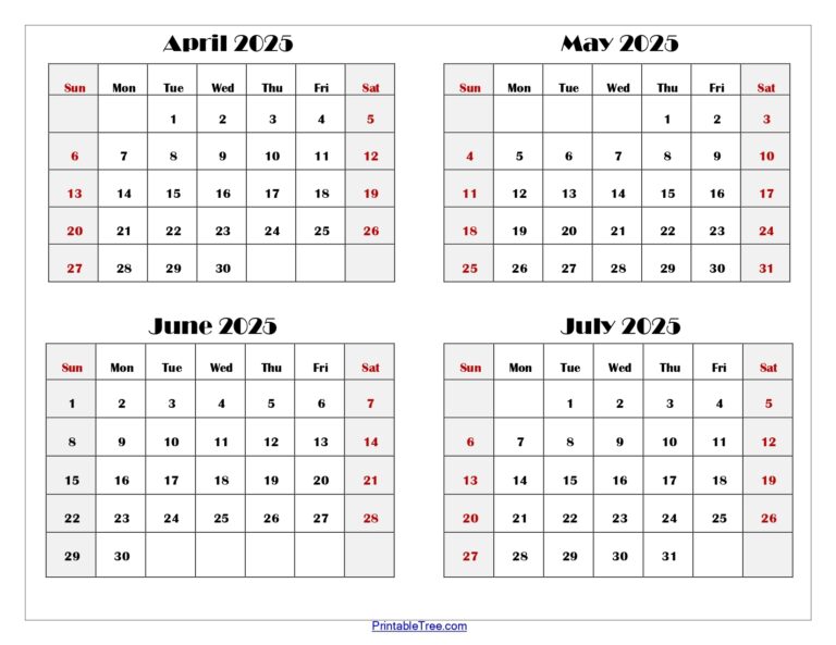 April To July 2025 Calendar Printable PDF Four Months Calendar