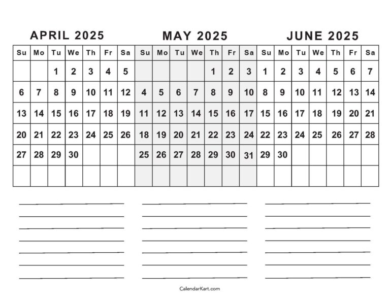 April To June 2025 Calendars Q2 Free Printables