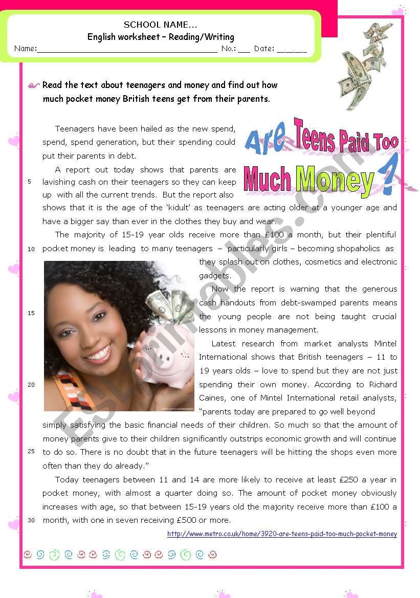 Are Teens Getting Too Much Pocket Money Reading Comprehension ESL Worksheet By Mena22