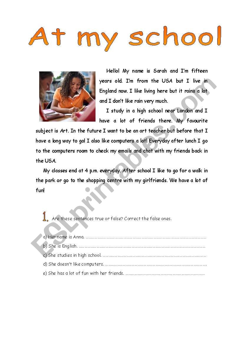 At My School Reading Comprehension ESL Worksheet By Xana f
