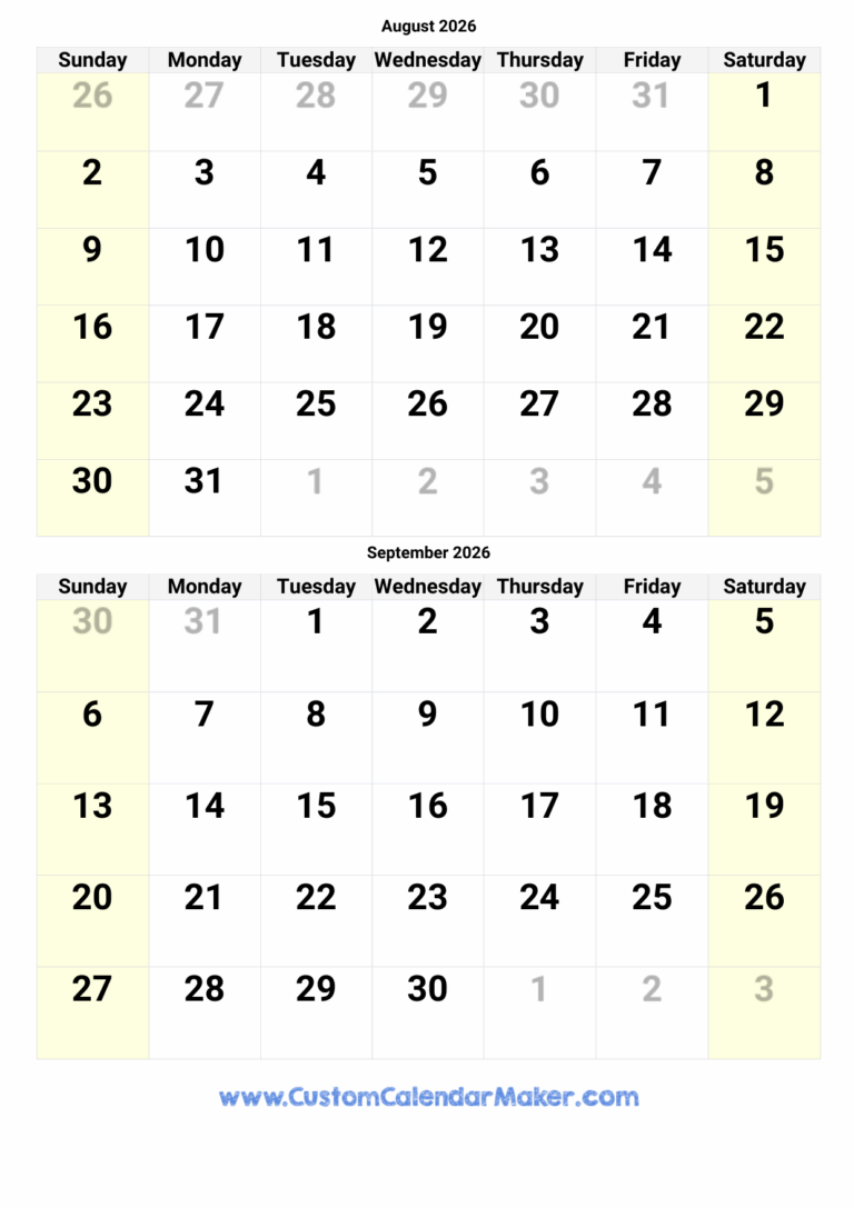 August And September 2026 Calendar Custom Calendar Maker