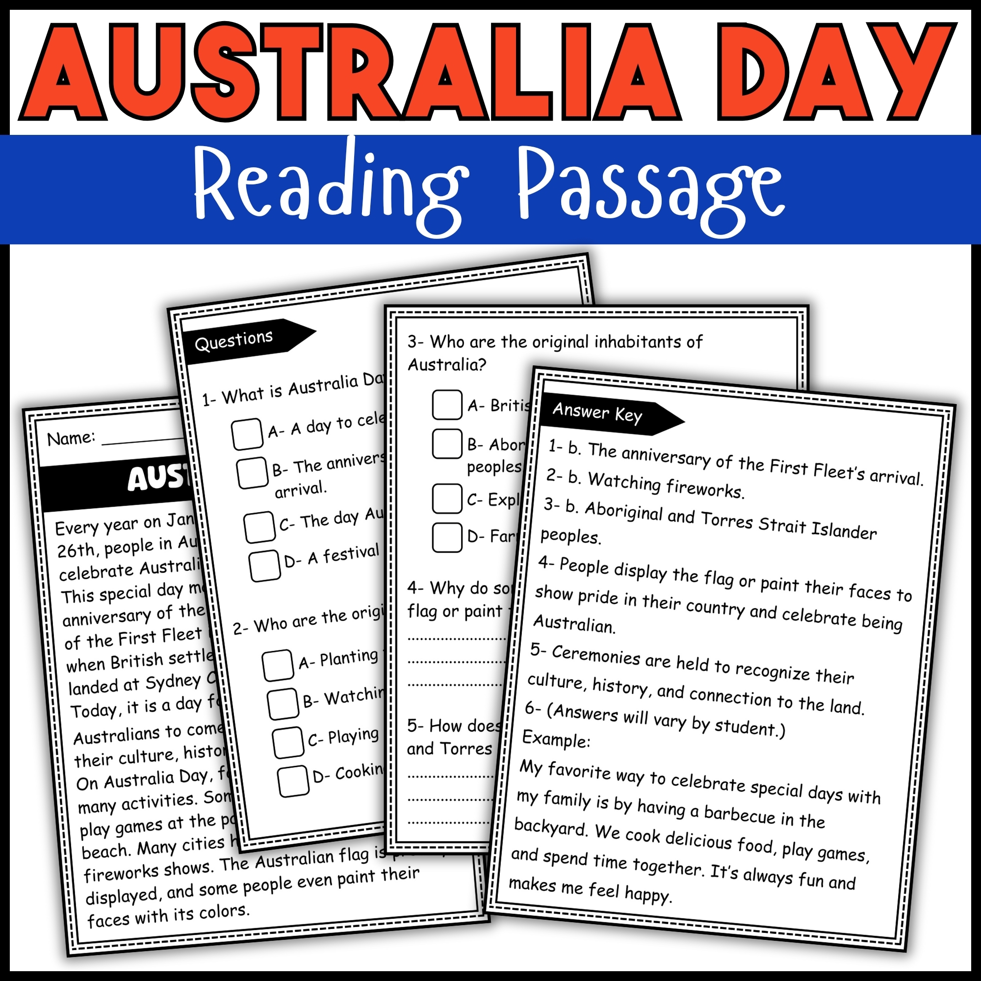 Australia Day Reading Comprehension Passage And Questions January Morning Work Made By Teachers
