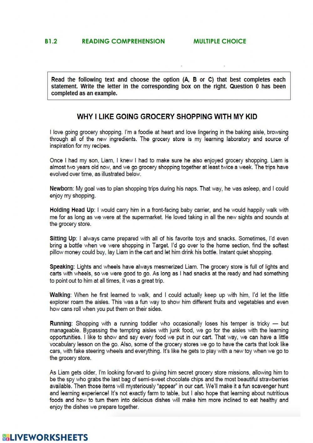 B1 2 READING COMPREHENSION MULTIPLE CHOICE SHOPPING WITH KIDS Worksheets Library