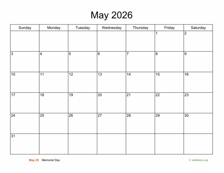 Basic Calendar For May 2026 WikiDates