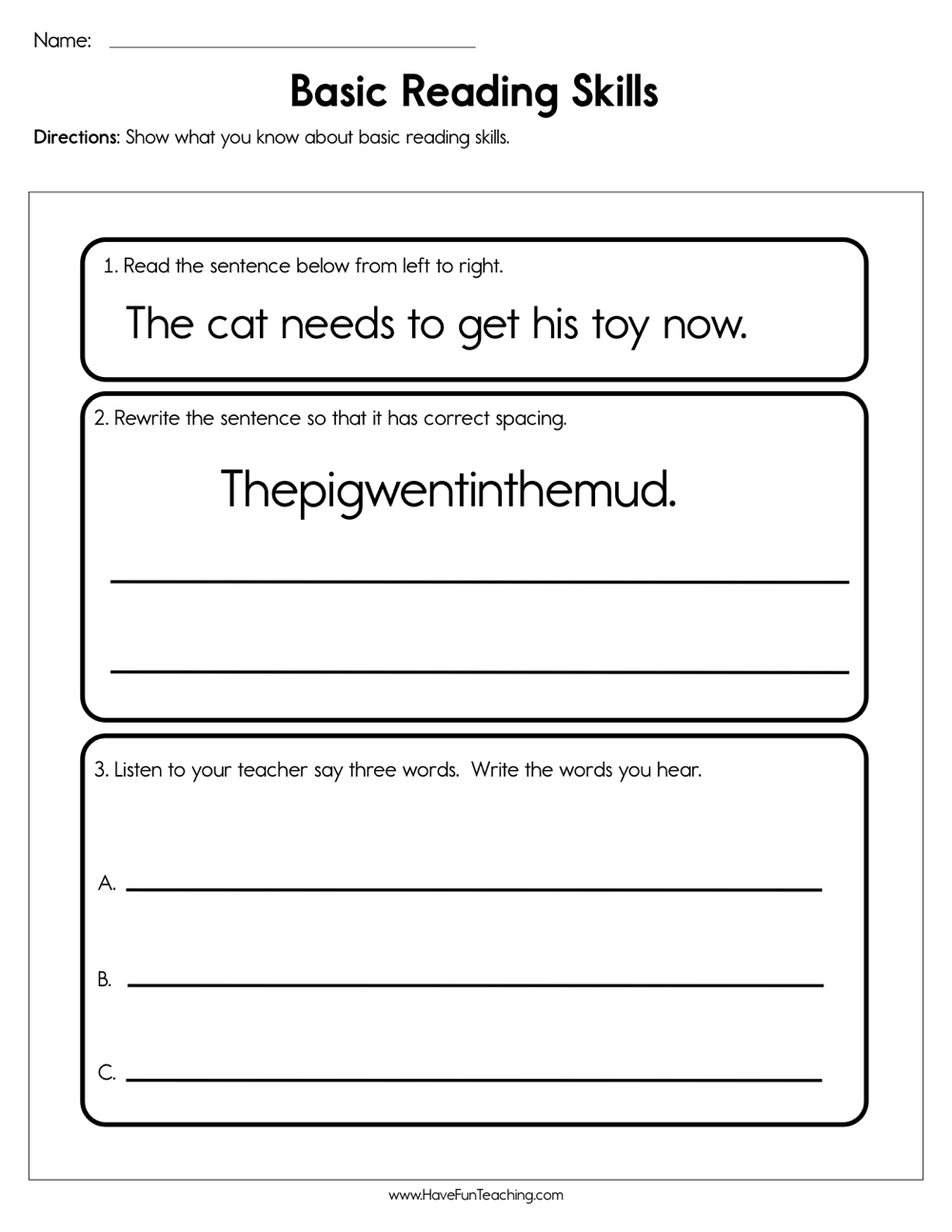Basic Reading Skills Worksheet Have Fun Teaching