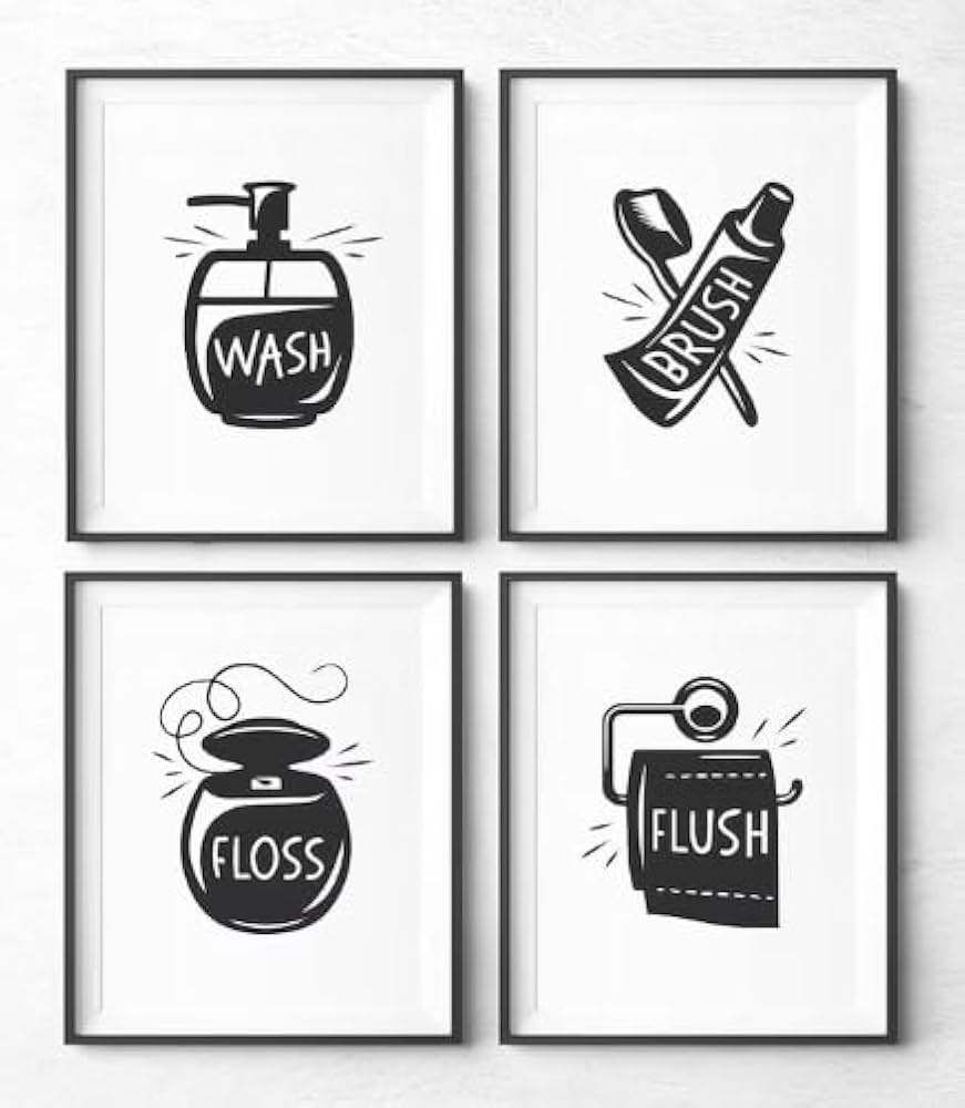 Bathroom Art Set Of 4 Toilet Signs Black And White Wall Prints Unframed 8x10 