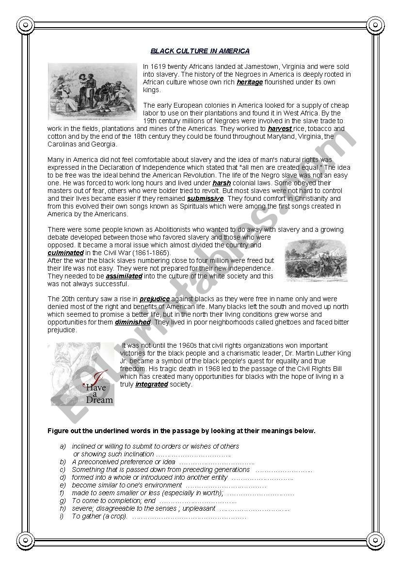 Black Culture In America Reading Comprehension 1 ESL Worksheets Library