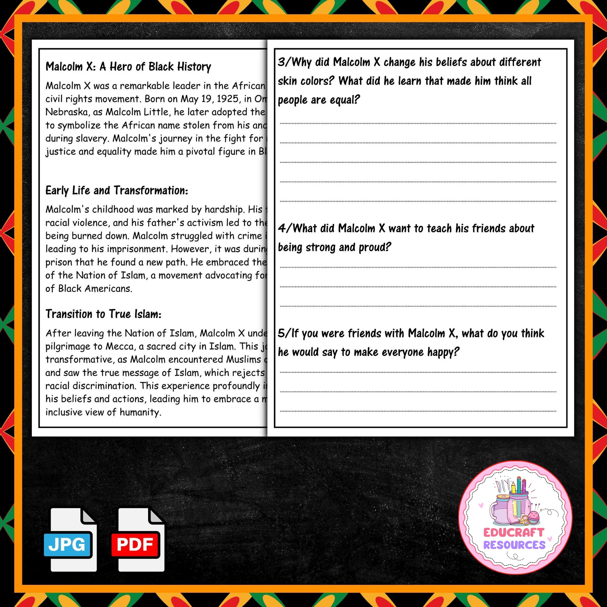 Malcolm X Reading Comprehension Worksheets