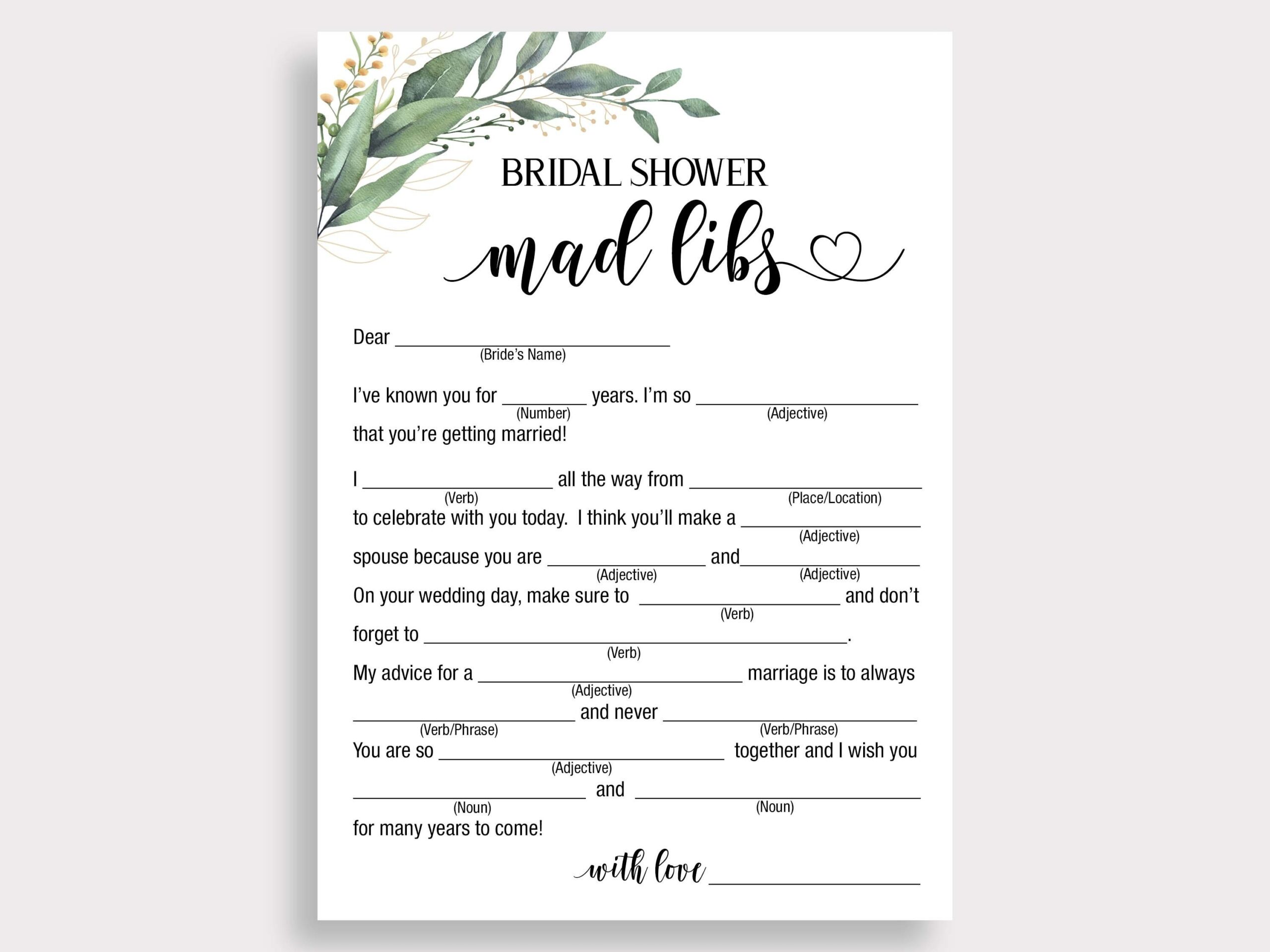 Bridal Shower Mad Libs Bridal Mad Libs Mad Libs Bride Advice Green Leaf Wedding Shower Game Madlibs Bridal Shower Games Printable C18 Etsy UK